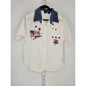 Quizz Woman Womens Embroidered Short Sleeve Denim Collar Button Down Top Size 16